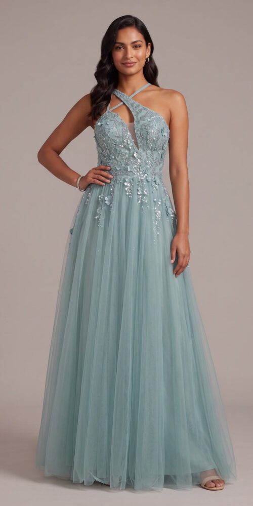 24671377369052ed DUSTY BLUE HALTER 3D FLORAL A-LINE EVENING GOWN
