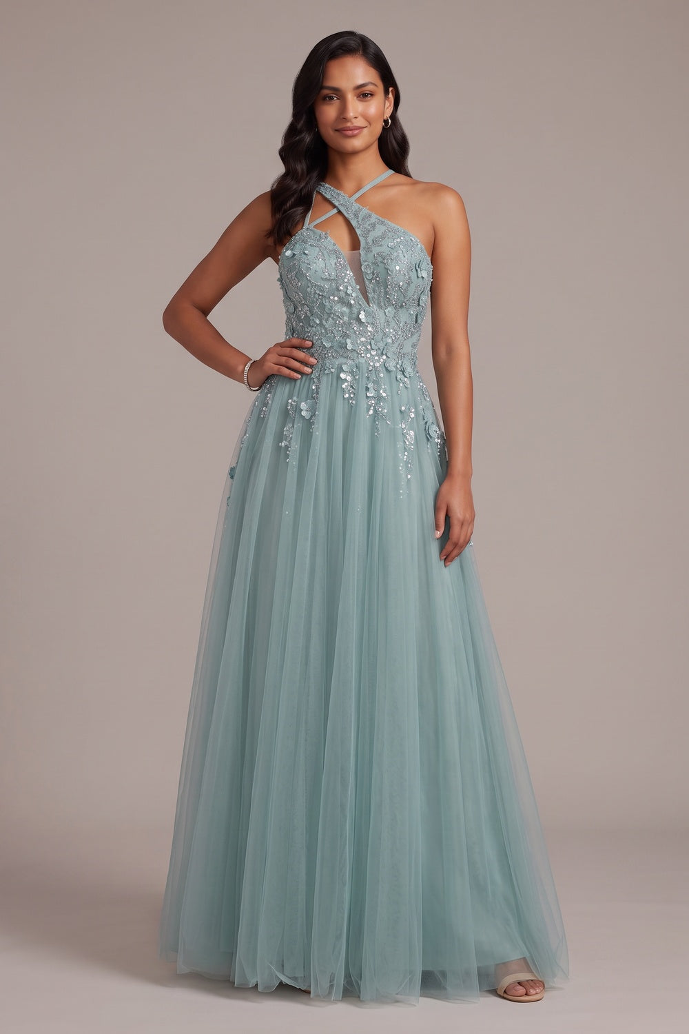 24671377369052ed DUSTY BLUE HALTER 3D FLORAL A-LINE EVENING GOWN