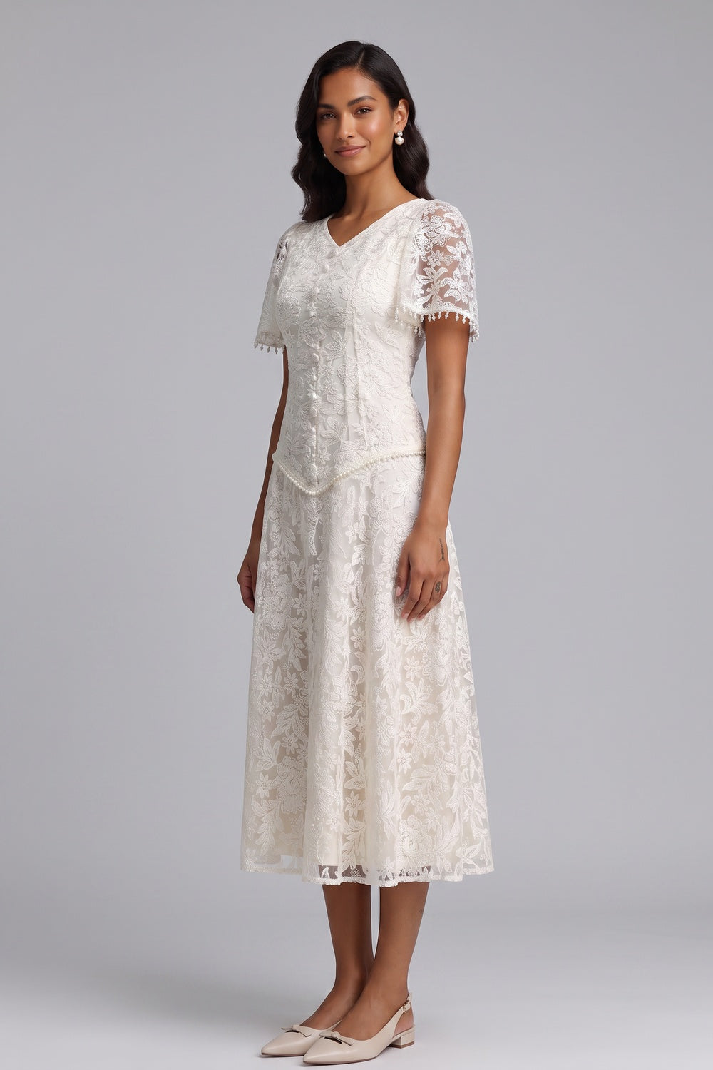 24813ac2de893083 IVORY FLORAL LACE A-LINE WEDDING GUEST DRESS