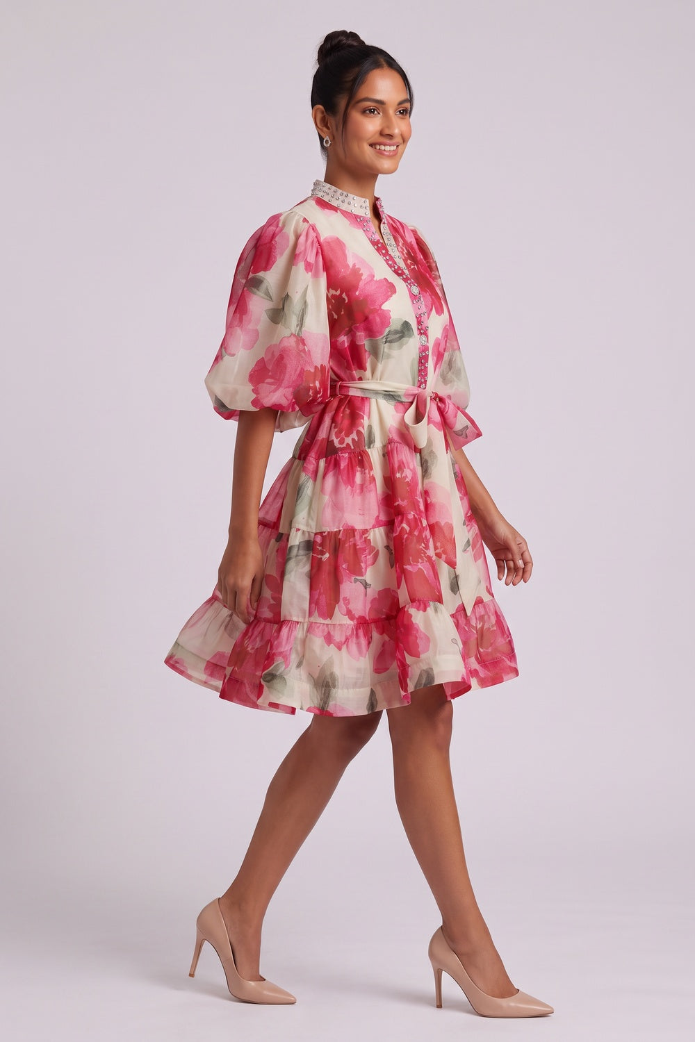 24b9ce27de7ceae4 CREAM WATERCOLOR FLORAL A-LINE PUFF SLEEVE PARTY DRESS