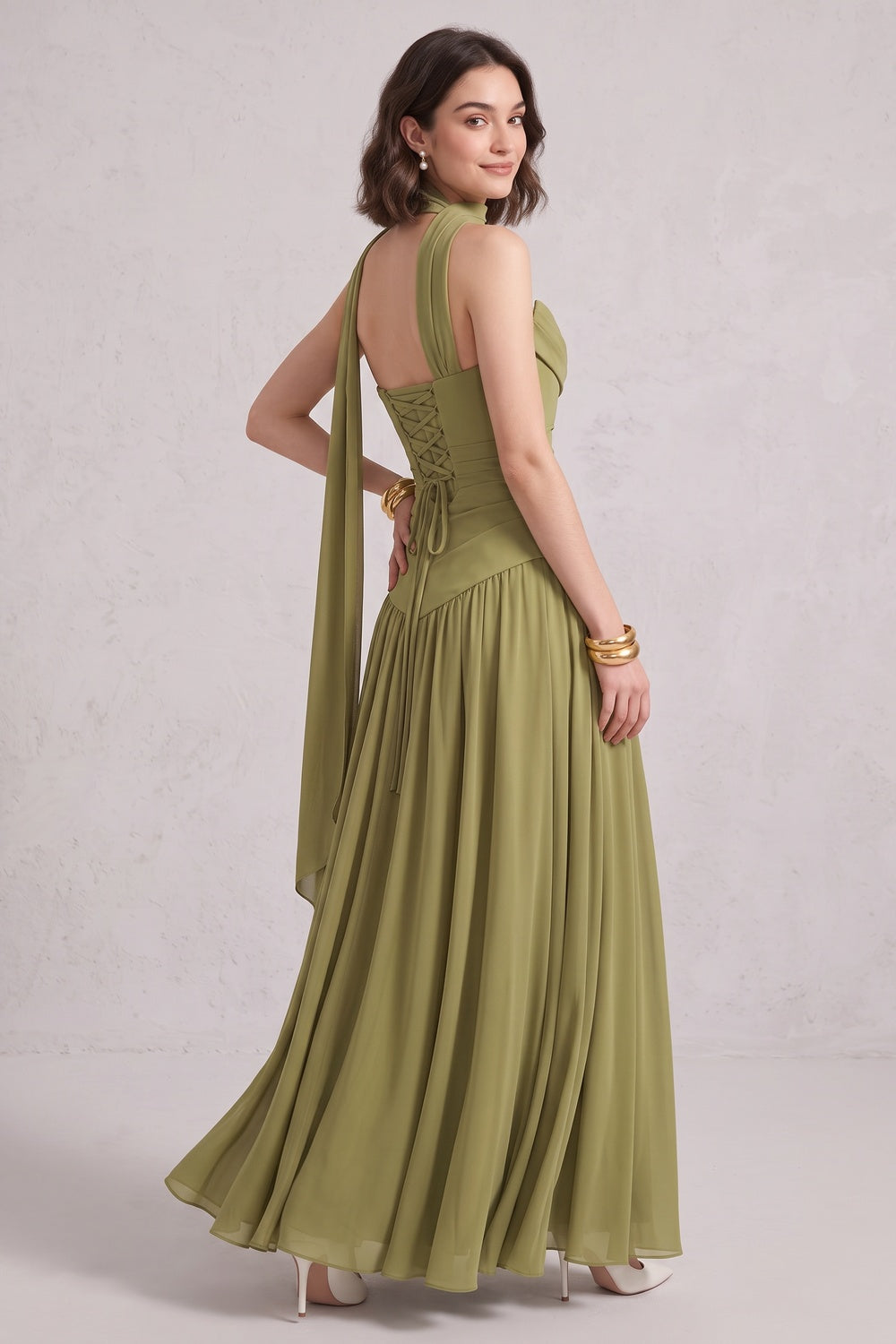24c2352c05cf7016 OLIVE GREEN CHIFFON A-LINE COWL BACK GOWN