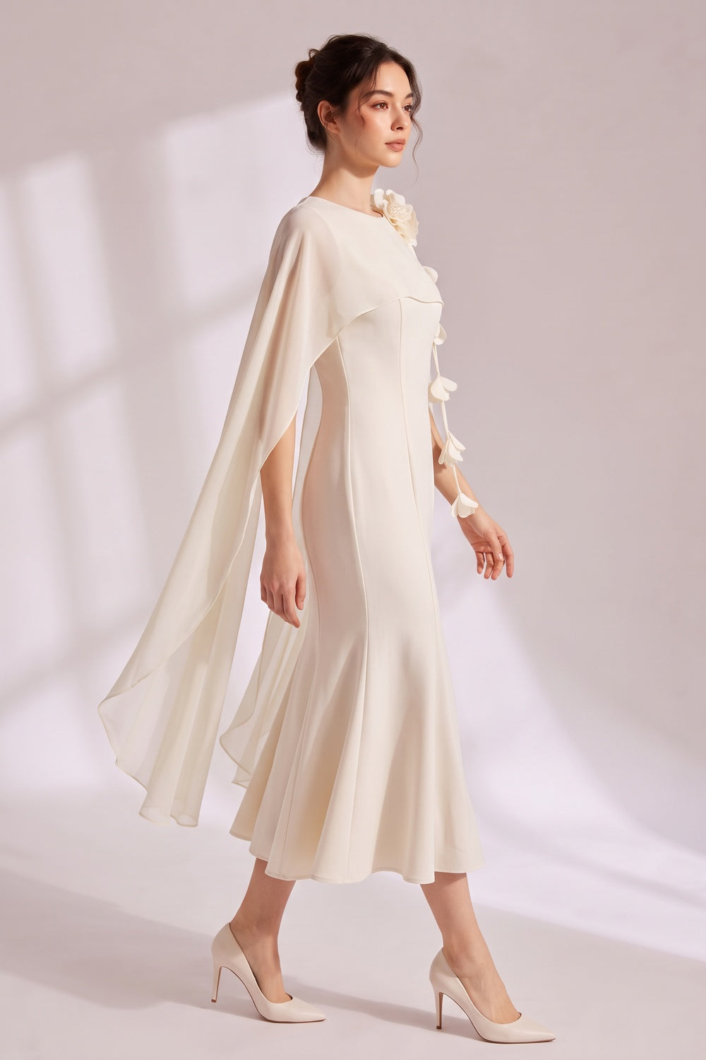 252cd7ee7a77e424 3D FLORAL CHIFFON CAPE MIDI MERMAID DRESS