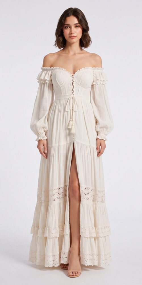 CREAM OFF-SHOULDER TIERED LACE MAXI DRESS