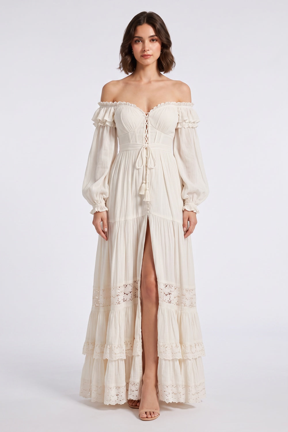 259d59c2a5d5aefa CREAM OFF-SHOULDER TIERED LACE MAXI DRESS