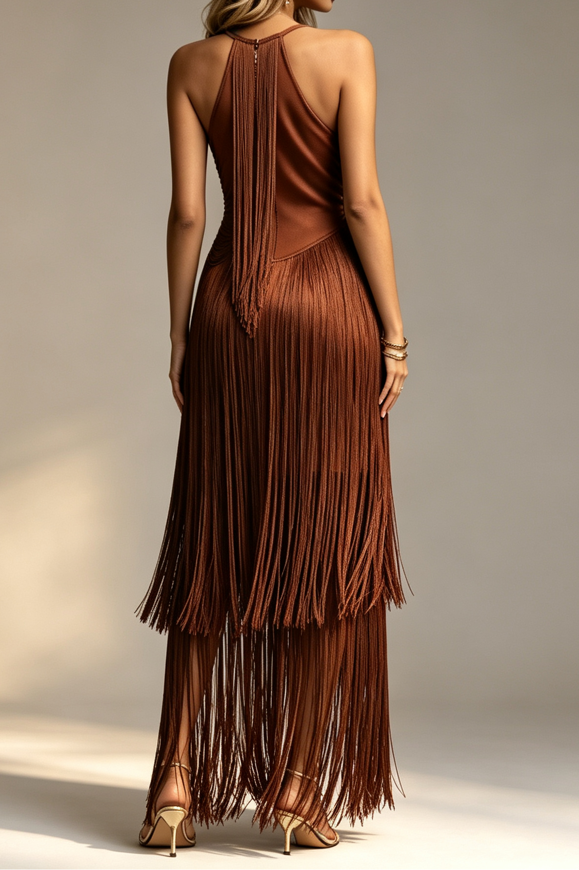 25_44276fcc-b6ad-40d3-a04d-d53d1c086191 CHOCOLATE BROWN HALTER DRAPED BODYCON FRINGE MIDI PARTY DRESS