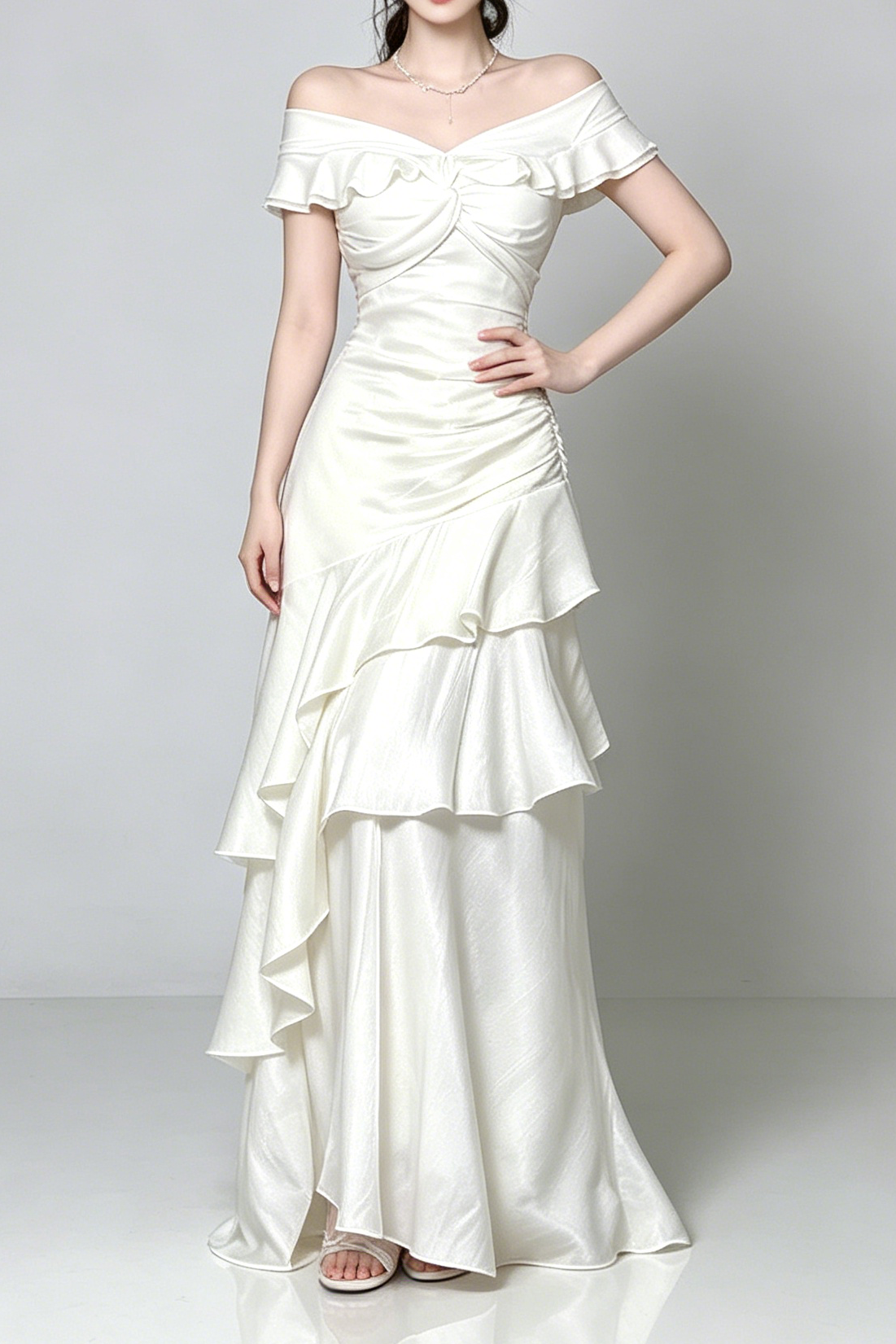 25_4fee8719-4cd7-4ad7-b987-862f0a3785b1 OFF SHOULDER TWIST RUCHED TIERED RUFFLE SATIN MAXI DRESS