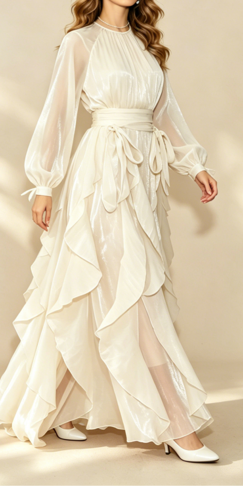 25_944a5806-4843-42e1-8c95-795140c31613 CHAMPAGNE SHIMMER CHIFFON RUFFLED MAXI GOWN