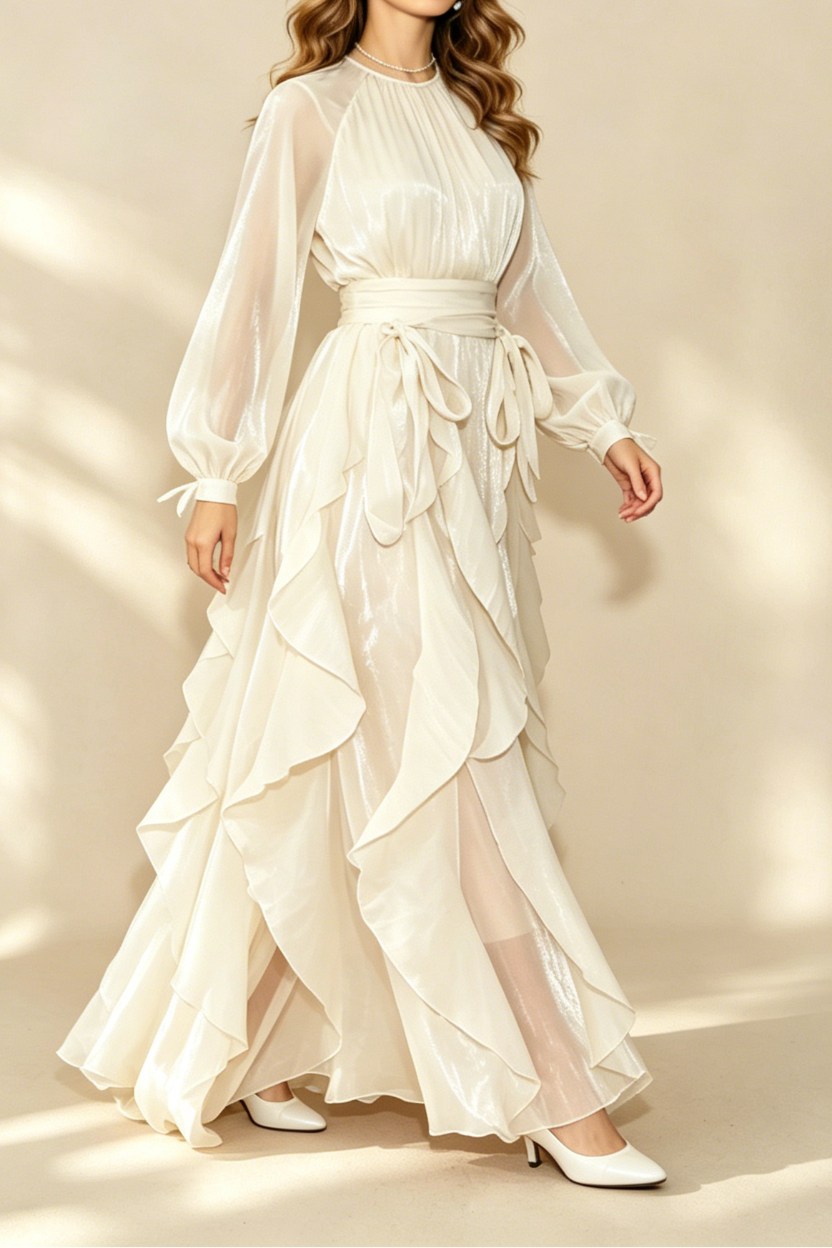 25_944a5806-4843-42e1-8c95-795140c31613 CHAMPAGNE SHIMMER CHIFFON RUFFLED MAXI GOWN