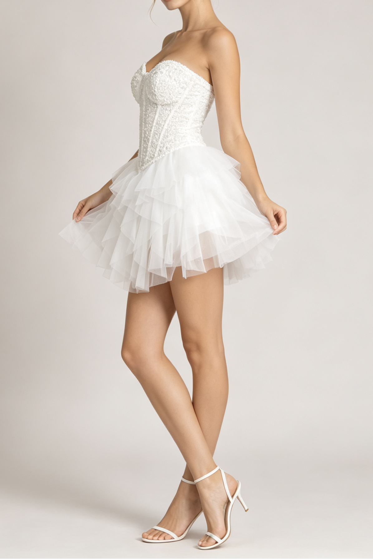 BEADED STRAPLESS CORSET & RUFFLE TULLE MINI SKIRT TWO-PIECE SET