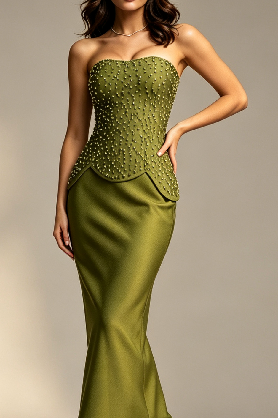 25_d57e9ff5-ffcd-4478-93bb-887a8db205f6 OLIVE GREEN STRAPLESS BEADED MERMAID FORMAL GOWN