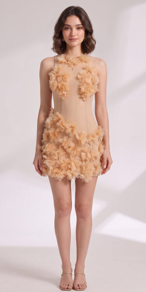 25d43a4abb8dcd68 BEIGE SHEER MESH BODYCON MINI DRESS 3D FLORAL PETALS