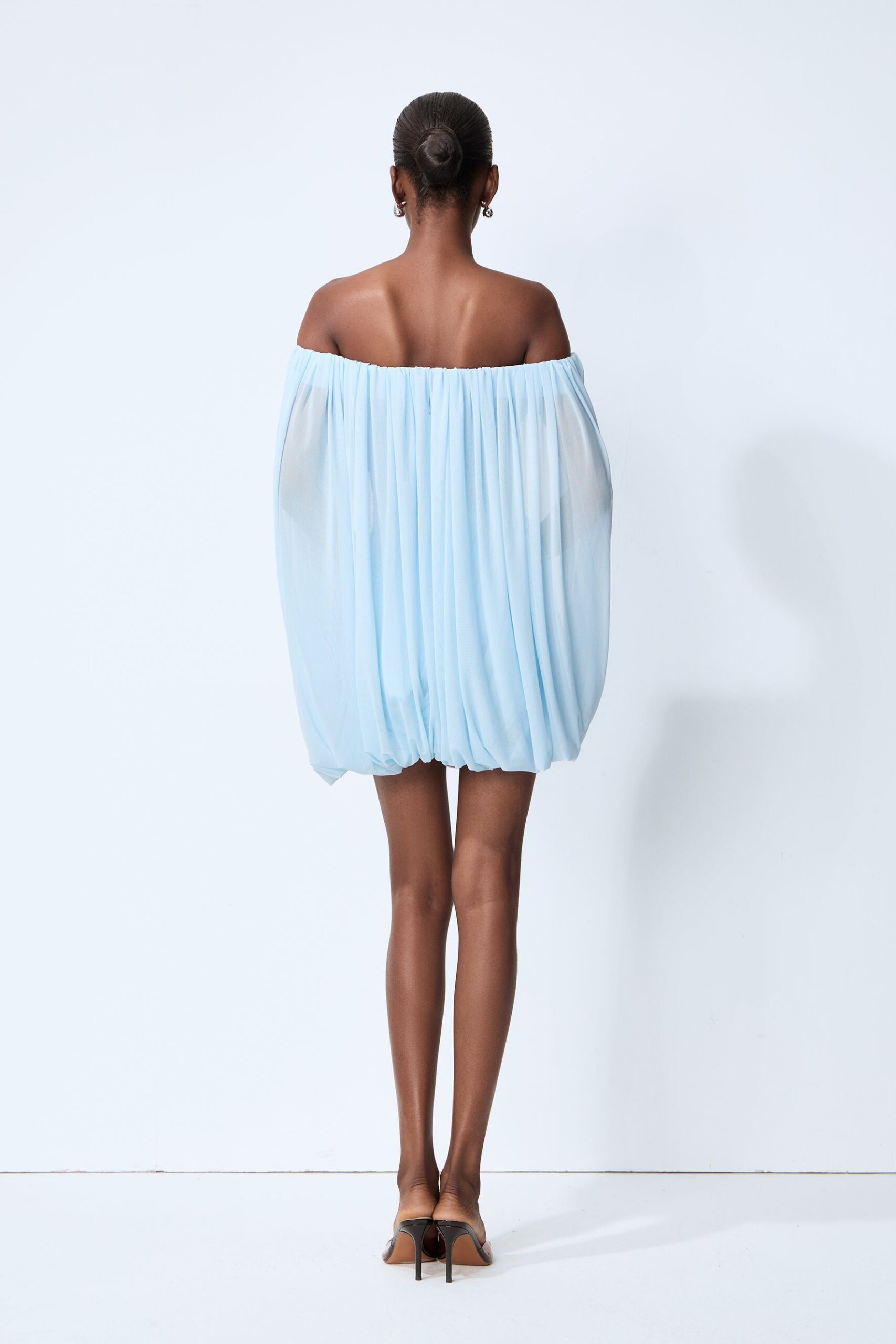 26-04-24-Rashida8472 LIGHT BLUE OFF-SHOULDER DRAPED MESH MINI DRESS CAPE SLEEVES