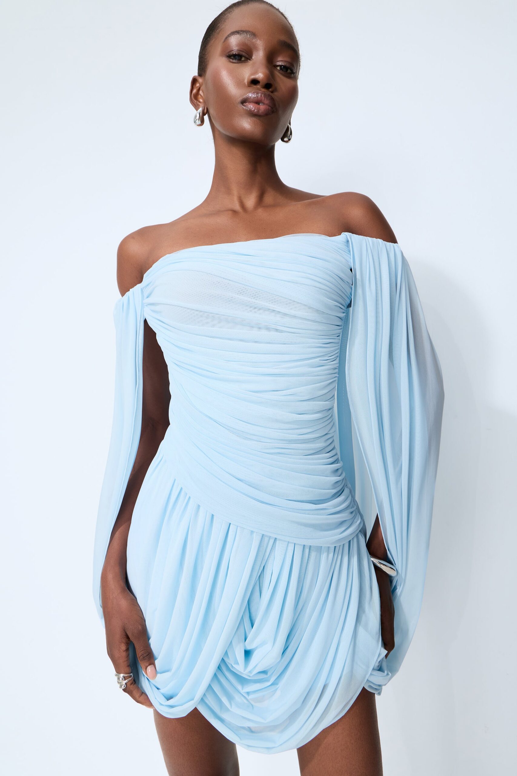 26-04-24-Rashida8509 LIGHT BLUE OFF-SHOULDER DRAPED MESH MINI DRESS CAPE SLEEVES