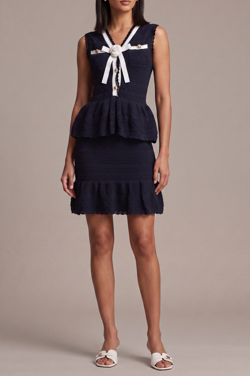 261c0f15997b4313 V-NECK BOW LACE KNIT PEPLUM TOP & RUFFLE HEM SKIRT SET