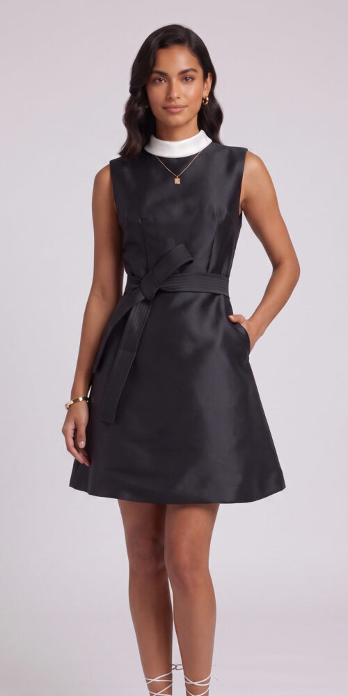 262d59834ee13f76 BLACK SATIN A-LINE MINI DRESS WITH CONTRAST COLLAR
