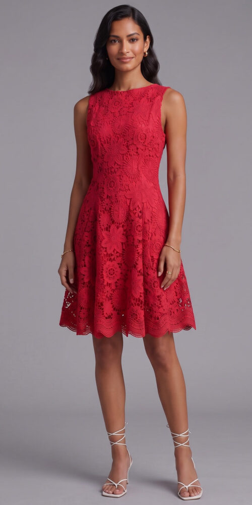 263746355d4a9c64 RED GUIPURE LACE FIT-AND-FLARE WEDDING DRESS