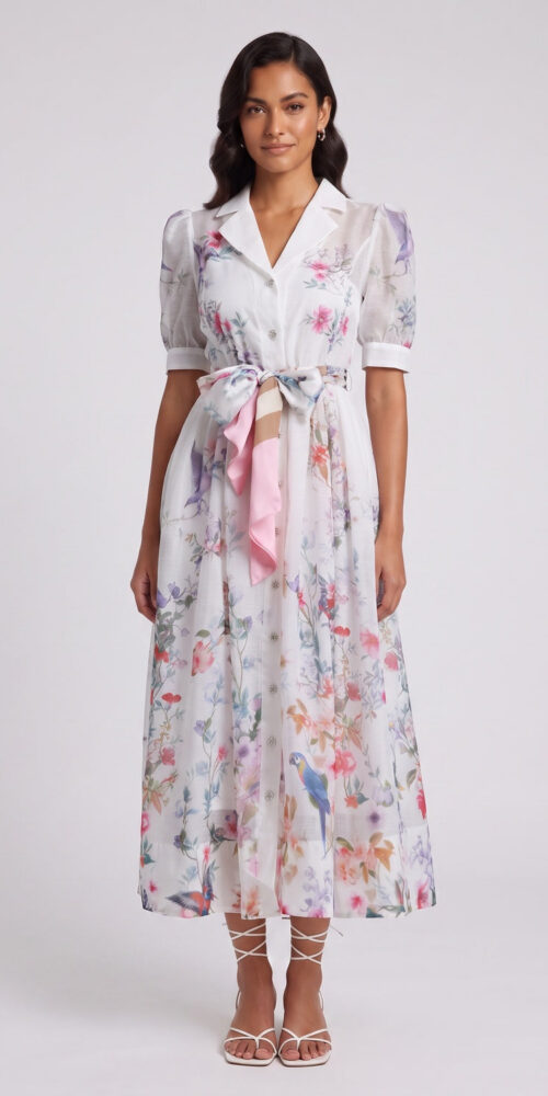 26430dcf246b8506 WHITE BOTANICAL PRINT A-LINE MIDI DRESS PUFF SLEEVES