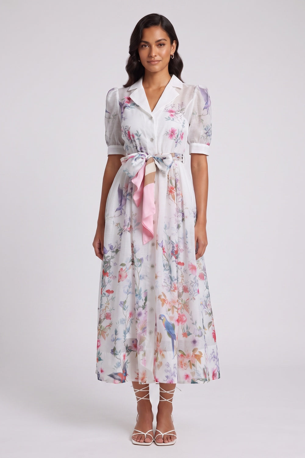 26430dcf246b8506 WHITE BOTANICAL PRINT A-LINE MIDI DRESS PUFF SLEEVES