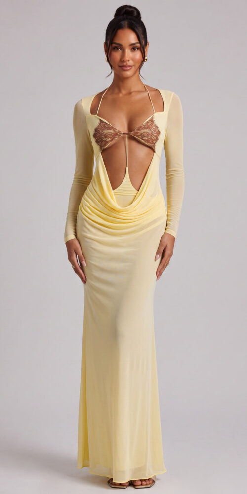 264a08e51a09dd72 PALE YELLOW CUTOUT MAXI DRESS LONG SLEEVE