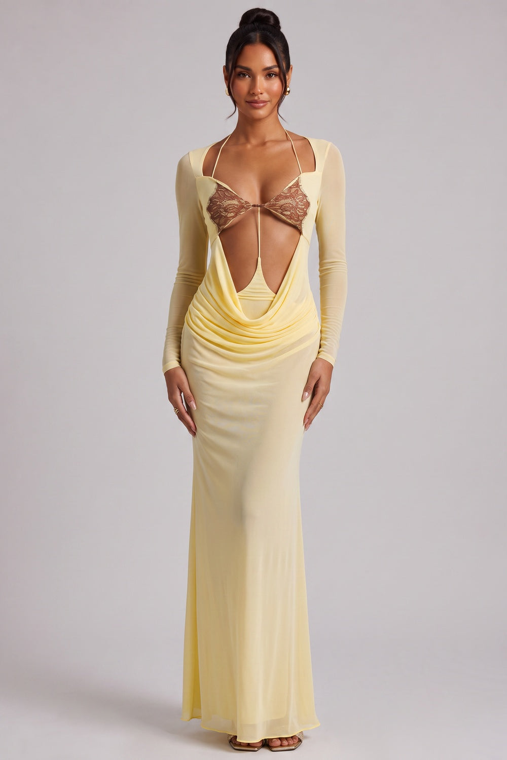 264a08e51a09dd72 PALE YELLOW CUTOUT MAXI DRESS LONG SLEEVE