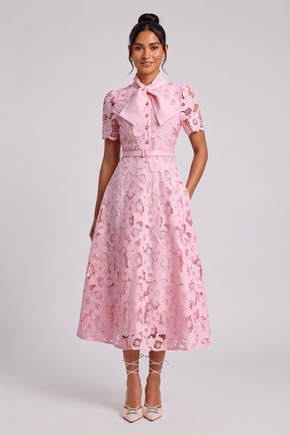 268275fcb14722a4 LIGHT PINK FLORAL LACE A-LINE MIDI DRESS