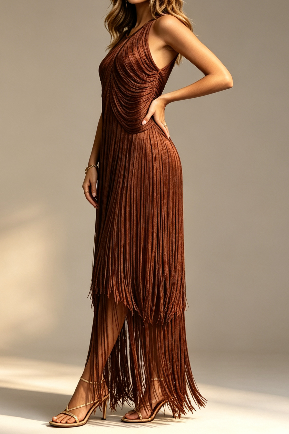 26_f2945fb3-405f-4141-bab5-7b28ca11d849 CHOCOLATE BROWN HALTER DRAPED BODYCON FRINGE MIDI PARTY DRESS
