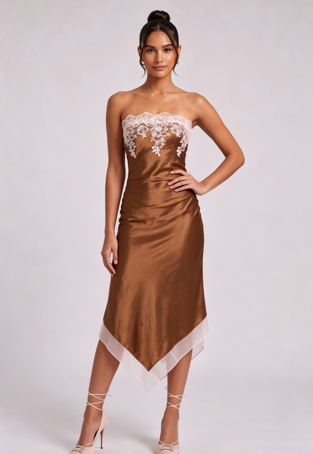 26a369d85632899b5883884c09de8957 BRONZE SATIN SHEATH DRESS LACE APPLIQUE COCKTAIL