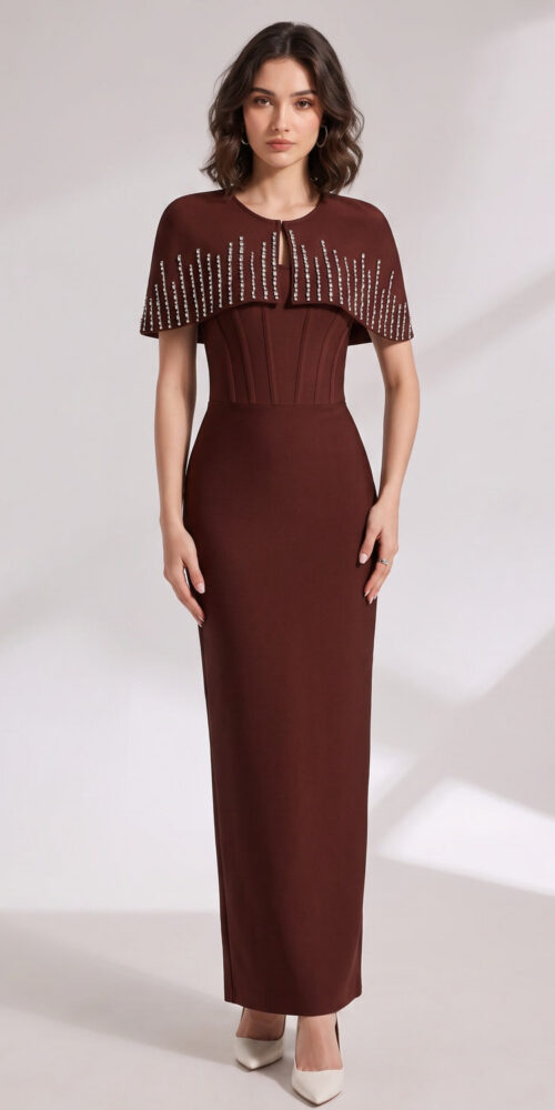 DARK BROWN CREPE COLUMN DRESS CAPELET OVERLAY