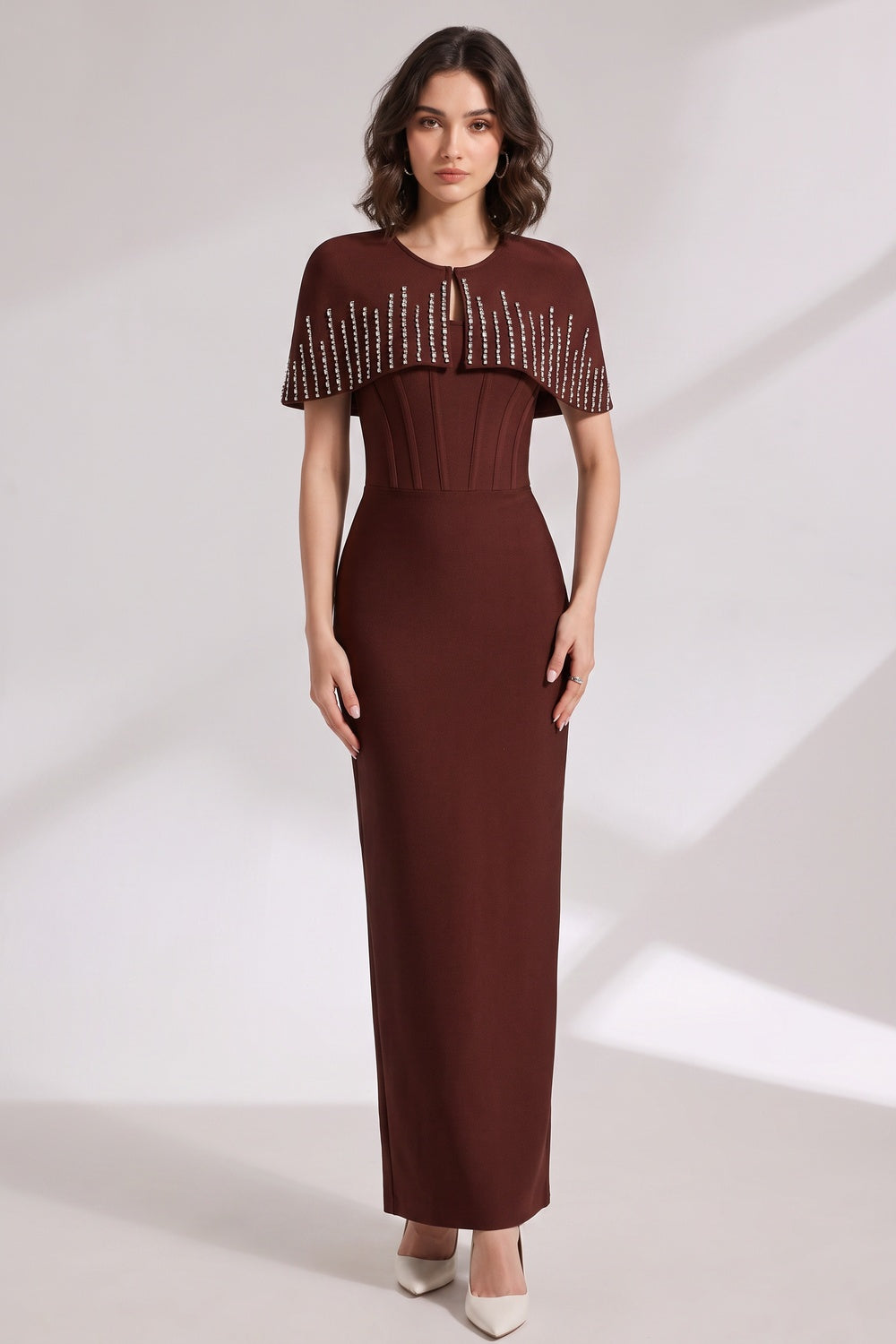 26d6efa8145e76f2 DARK BROWN CREPE COLUMN DRESS CAPELET OVERLAY