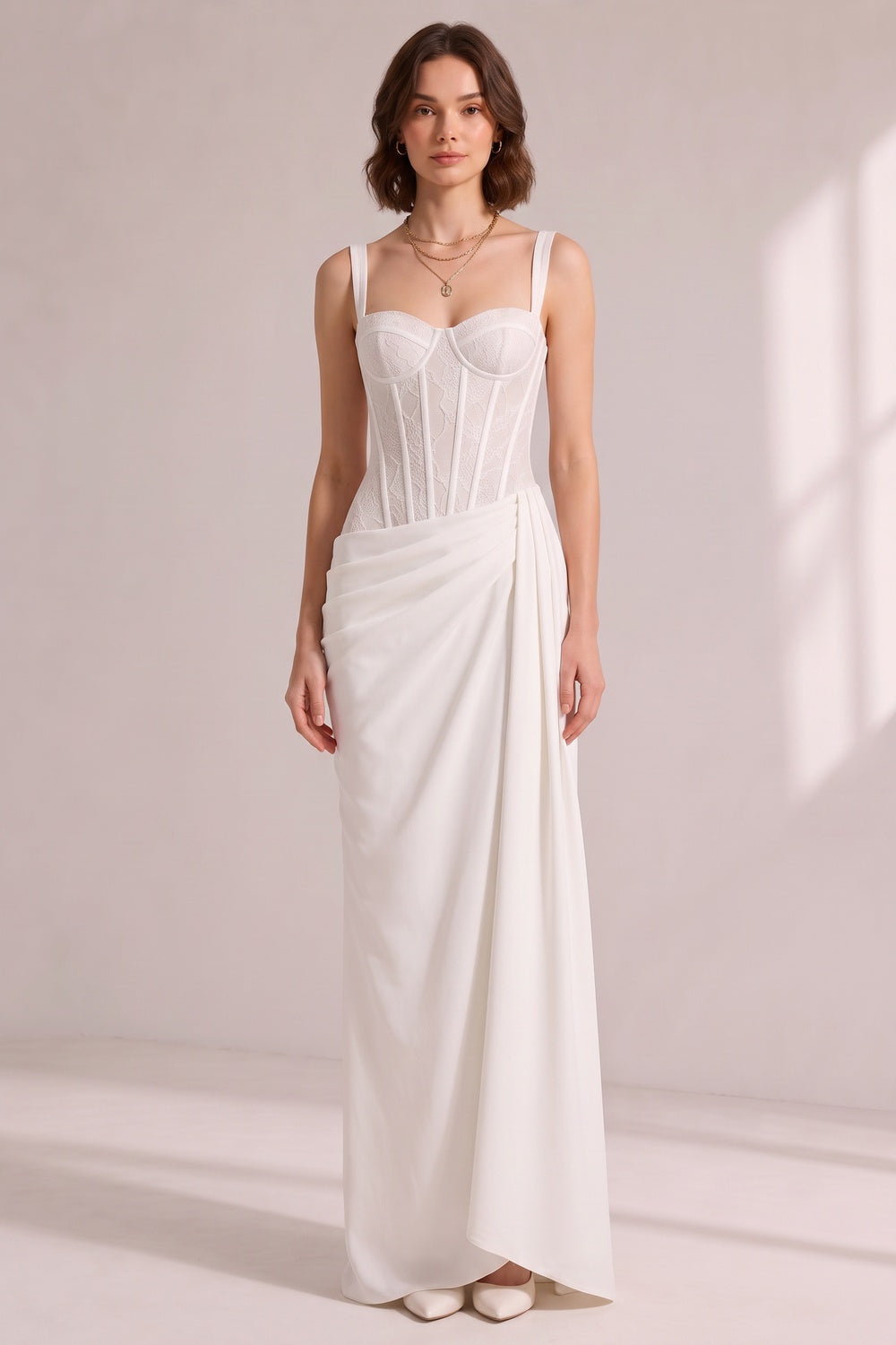 2748c2e6916fab22 WHITE LACE CORSET SATIN DRAPED MAXI GOWN