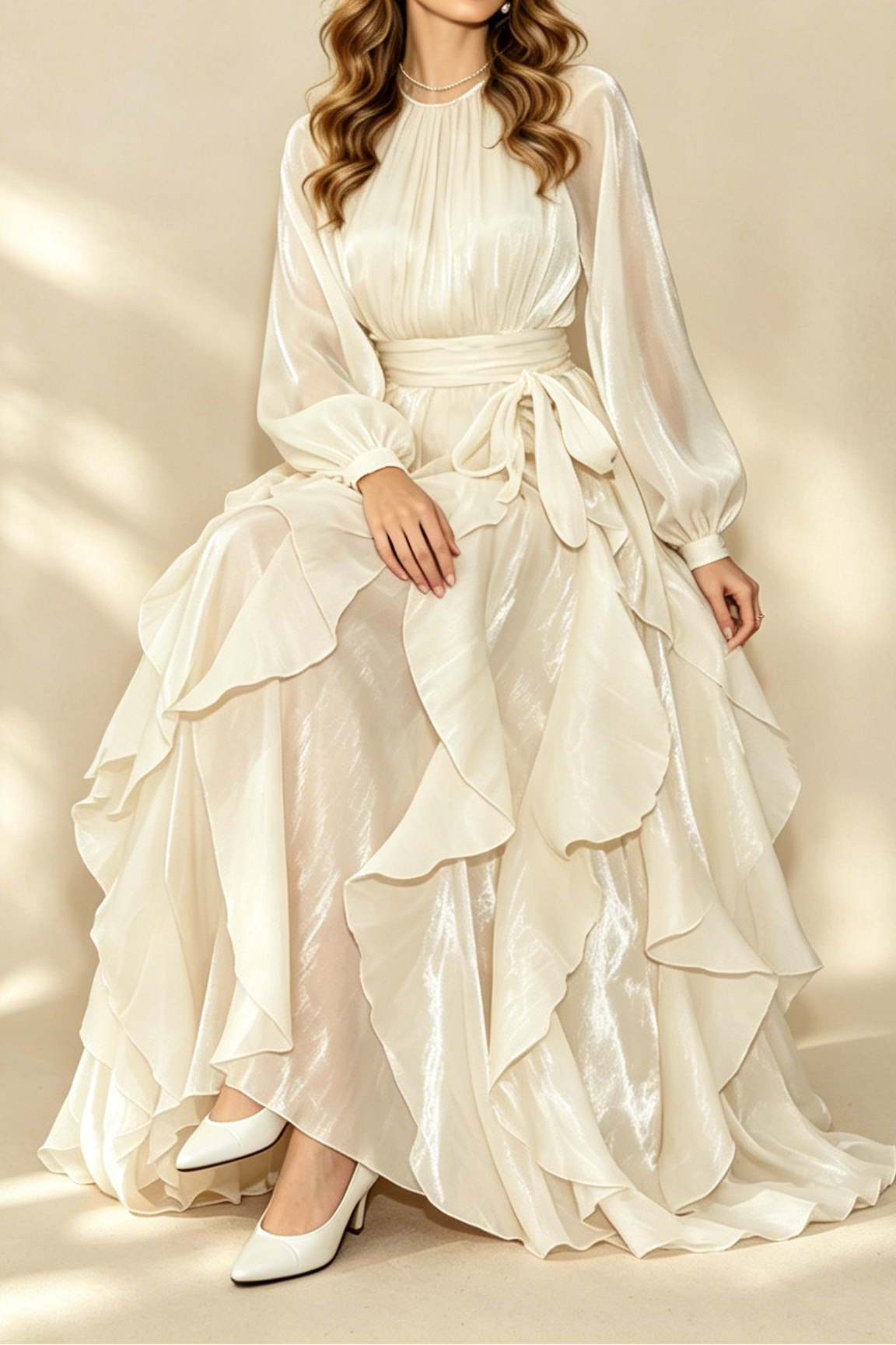 27_a43d498a-190d-4a58-936d-dcf923cf9716 CHAMPAGNE SHIMMER CHIFFON RUFFLED MAXI GOWN