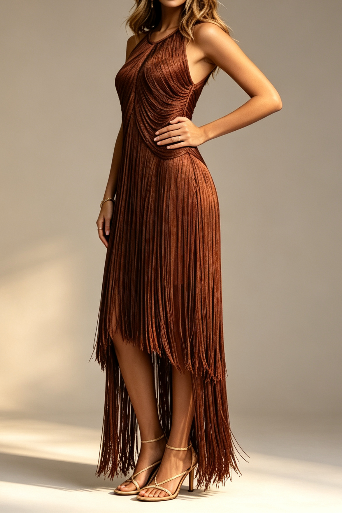 27_f9878e8e-5996-41e3-bce8-9b9517eee929 CHOCOLATE BROWN HALTER DRAPED BODYCON FRINGE MIDI PARTY DRESS