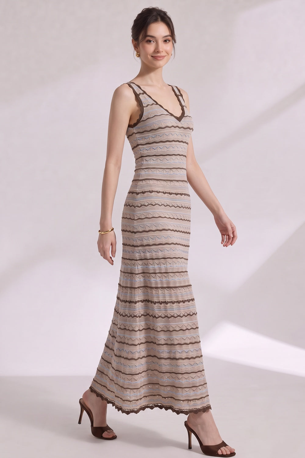 27f17c24457ccf21 BEIGE CROCHET KNIT A-LINE MAXI DRESS