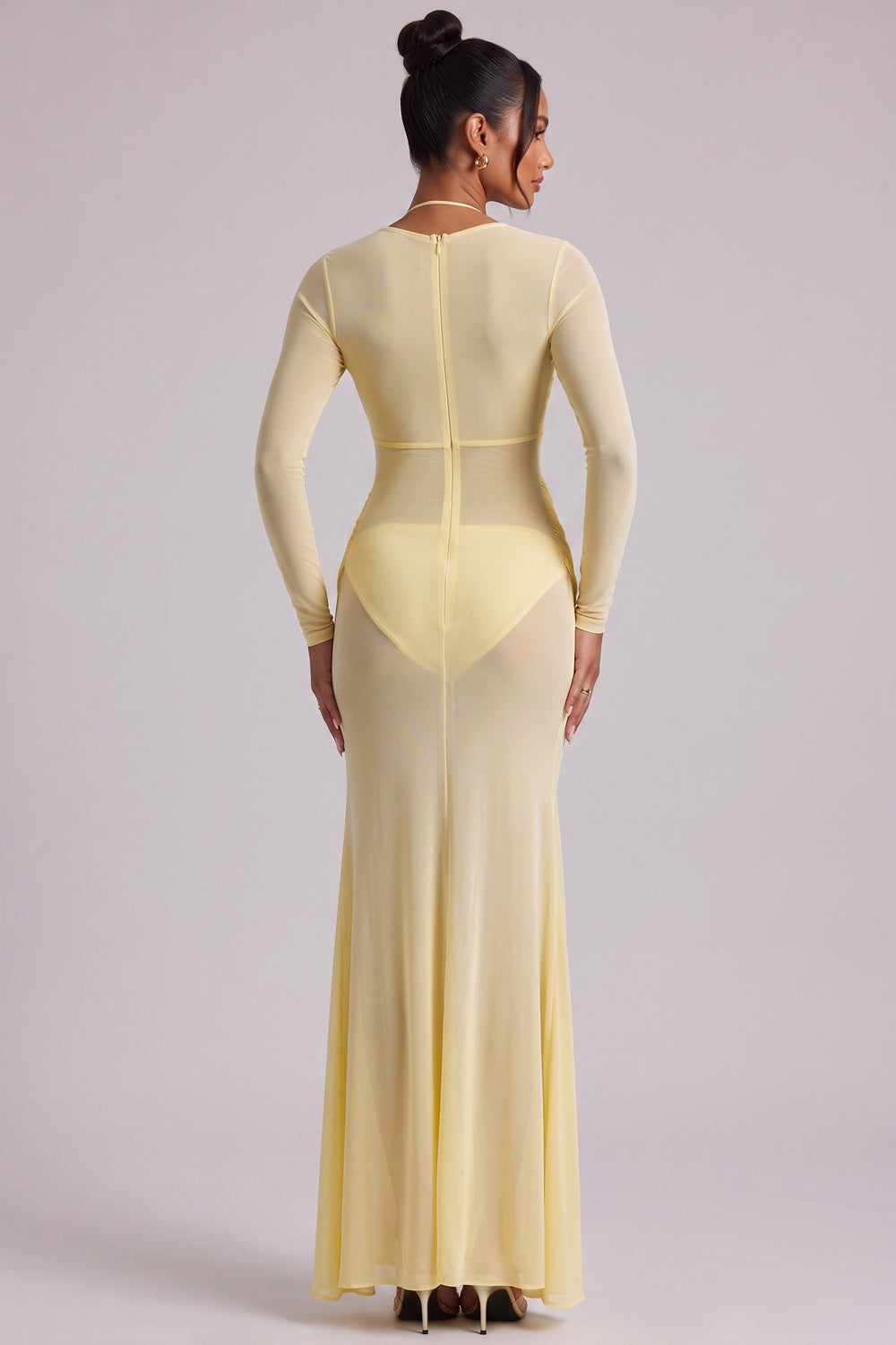 2807a901cc12a180 PALE YELLOW CUTOUT MAXI DRESS LONG SLEEVE