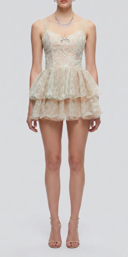 SPAGHETTI STRAP FLORAL LACE TIERED MINI DRESS