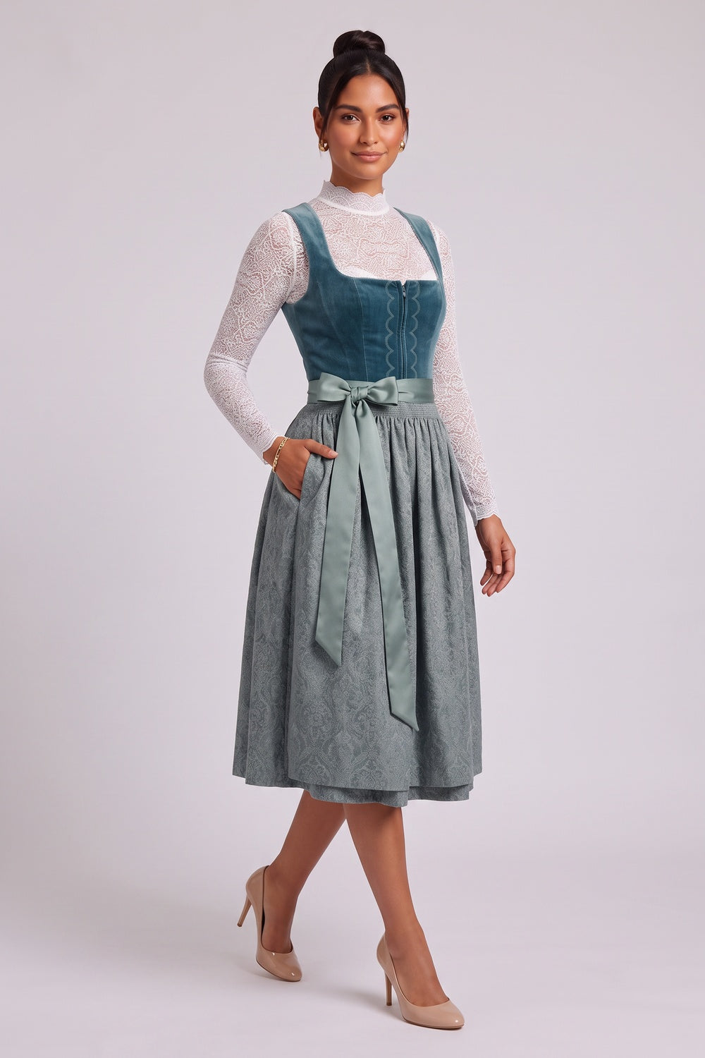 TEAL VELVET DIRNDL DRESS, FITTED BODICE A-LINE SKIRT, TRADITIONAL