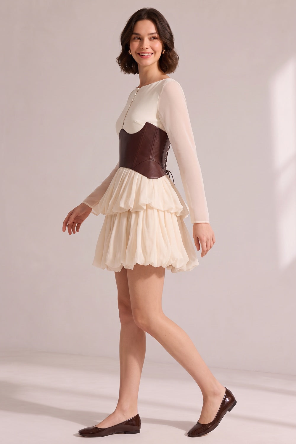 288867ae1ff2ca09 CREAM SHEER LAYERED PETAL MINI DRESS WITH BROWN LEATHER BELT