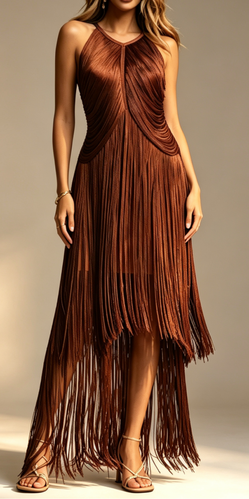 CHOCOLATE BROWN HALTER DRAPED BODYCON FRINGE MIDI PARTY DRESS