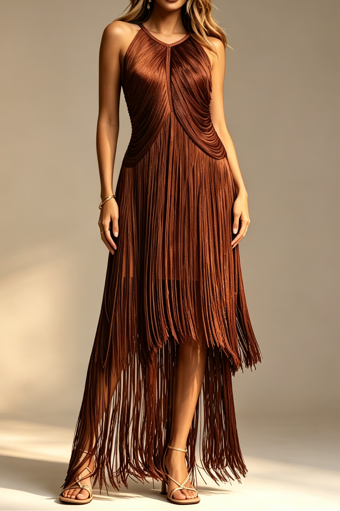 28_8b382c2e-e42d-4985-98fb-a9f1a8d9912f CHOCOLATE BROWN HALTER DRAPED BODYCON FRINGE MIDI PARTY DRESS