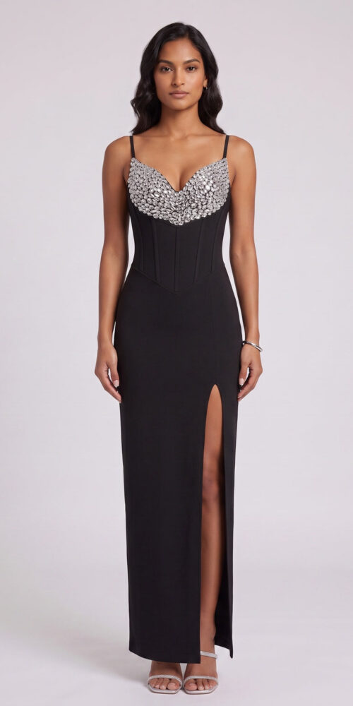 BLACK HEAVY KNIT COLUMN GOWN EVENING