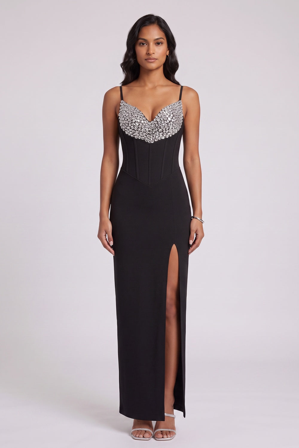 2912fbbefe490247 BLACK HEAVY KNIT COLUMN GOWN EVENING