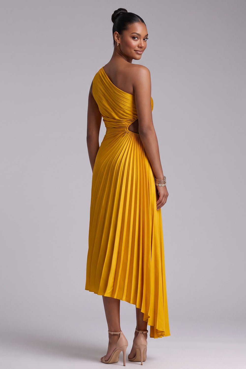 296ae698a4d5c5eb YELLOW ONE-SHOULDER PLEATED MIDI DRESS FOR WEDDING