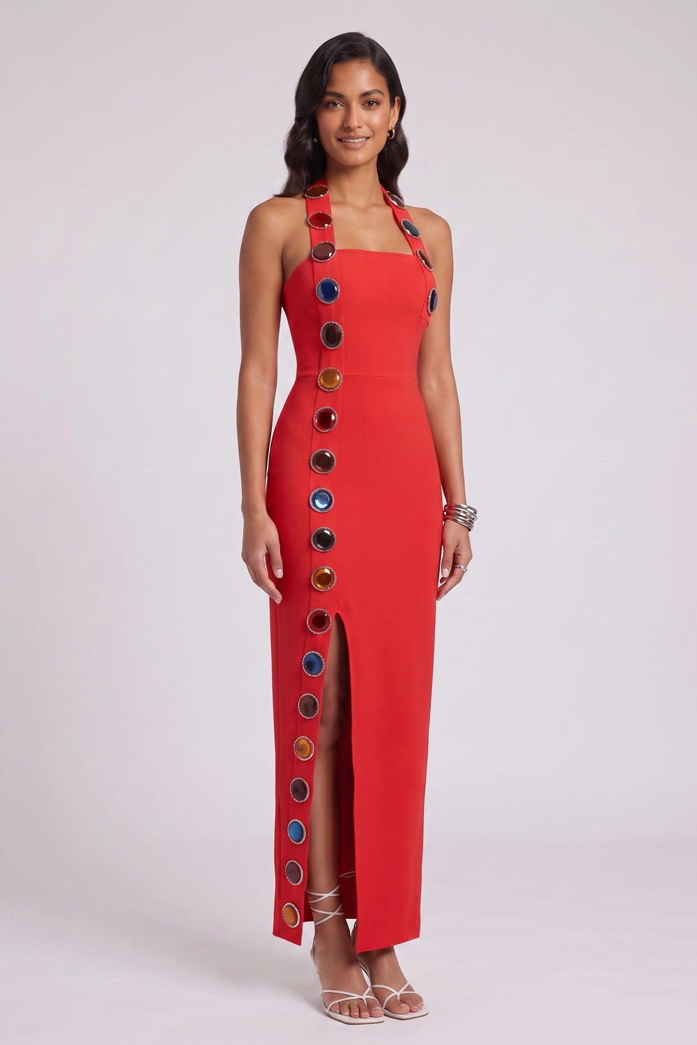 RED HEAVY CREPE COLUMN DRESS FOR EVENTS