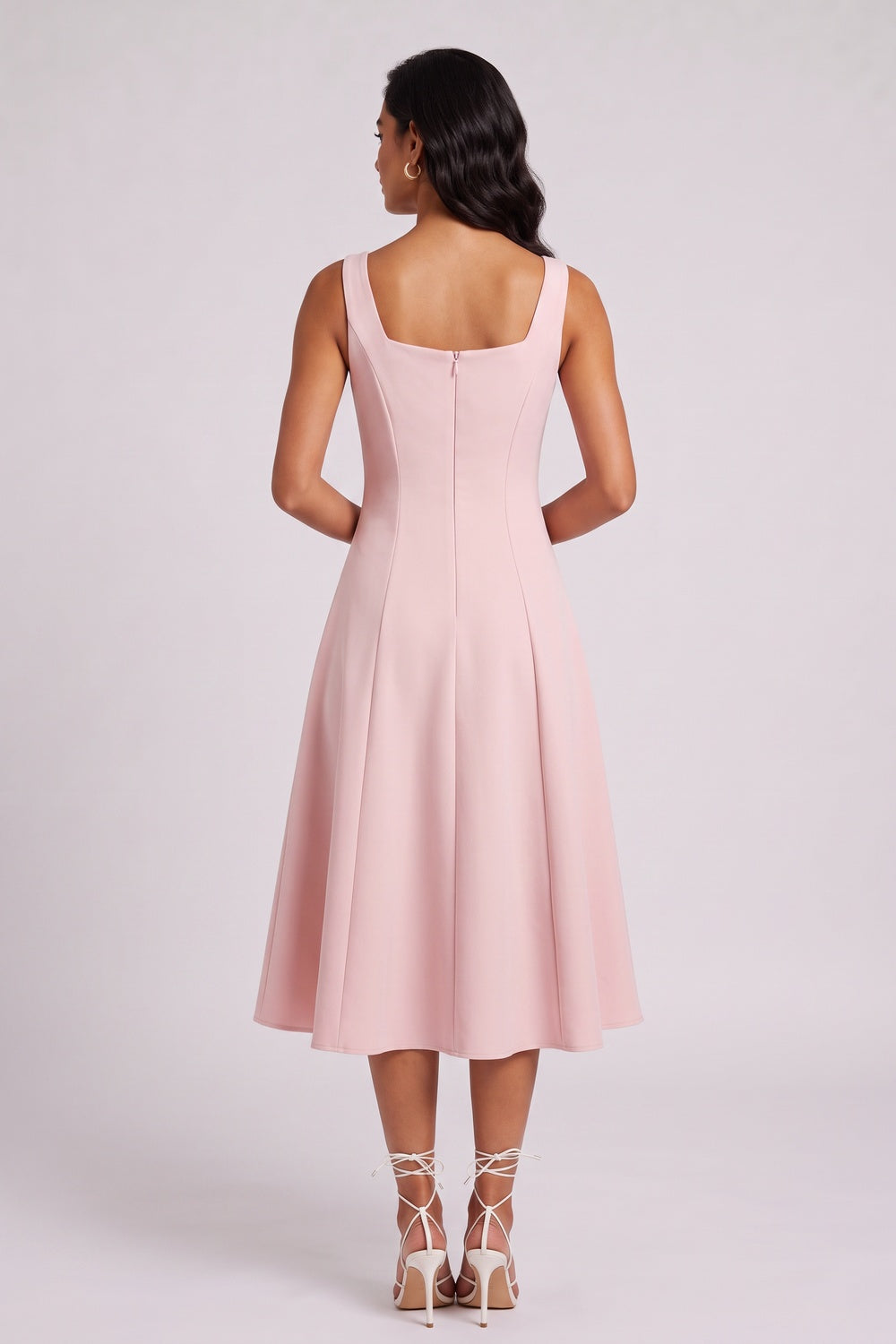298a8934e6c4c7cd SQUARE NECK BOW SATIN MIDI SWING DRESS