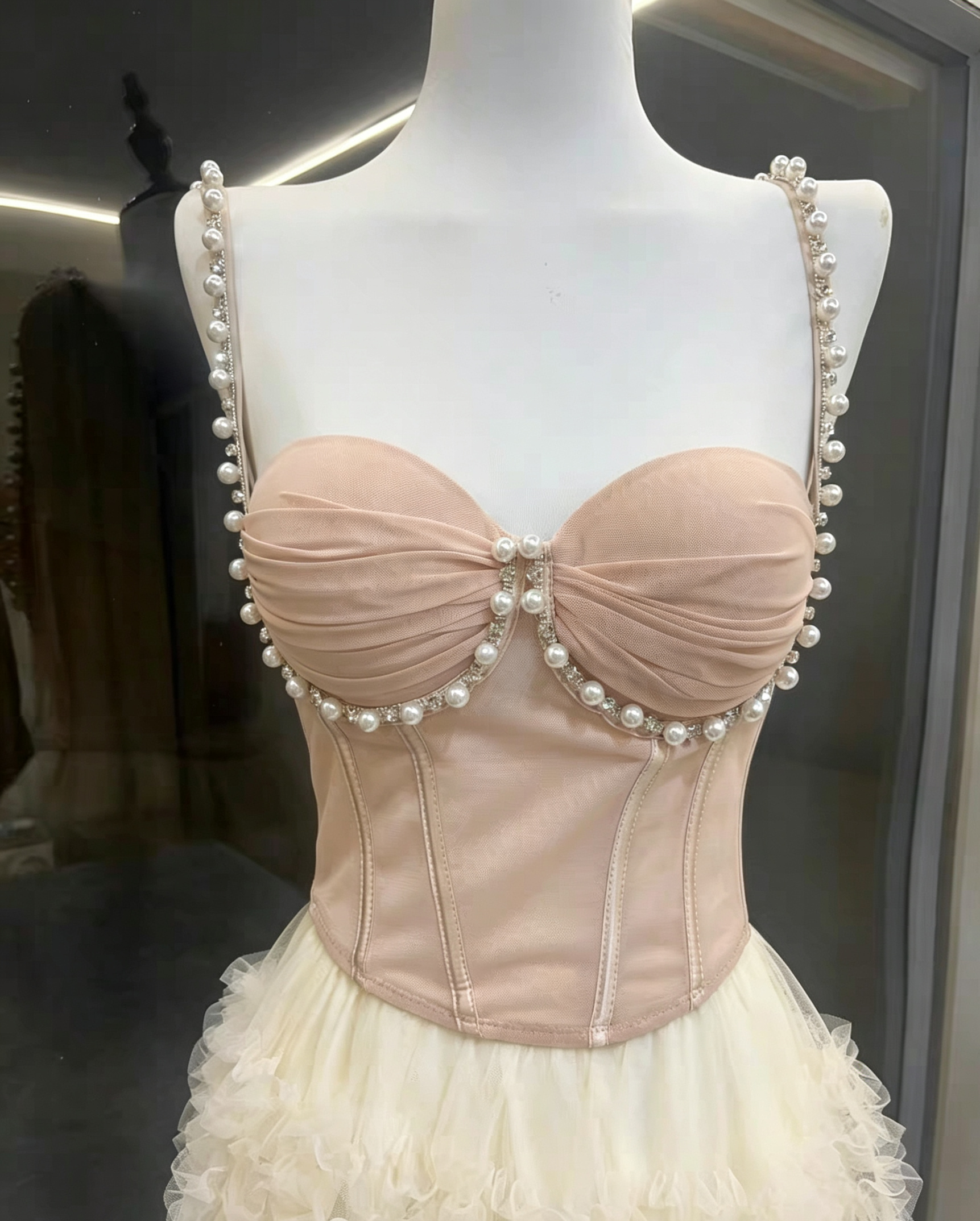 29_a8318f38-2900-4405-a178-30da4409a561 NUDE PEARL SWEETHEART CORSET TOP & RUFFLE HIGH LOW TULLE SKIRT SET