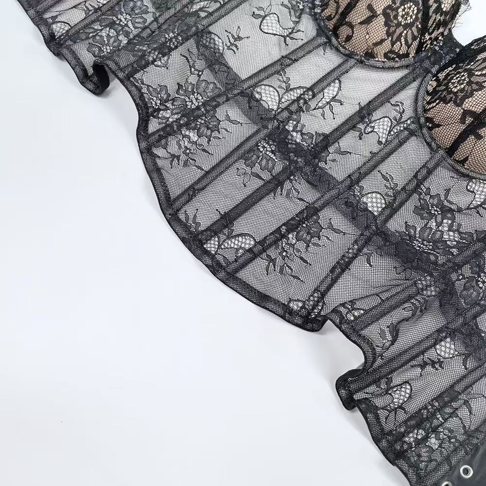 BLACK LACE CORSET TOP & TULLE FLARED MINI SKIRT SET