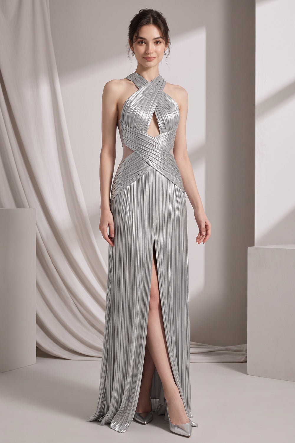 29f627712bc35aad SILVER METALLIC PLISSE COLUMN GOWN EVENING