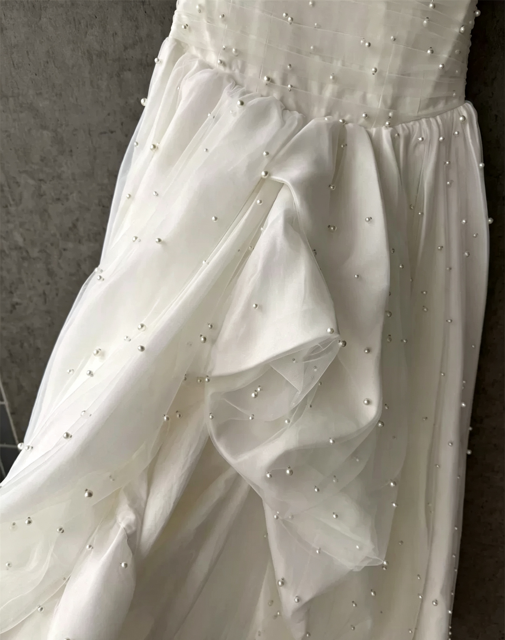 2_2fb54c30-166d-4acb-a11f-78c88d612ab3 WHITE STRAPLESS RUCHED PEARL CHIFFON HIGH SLIT MAXI GOWN