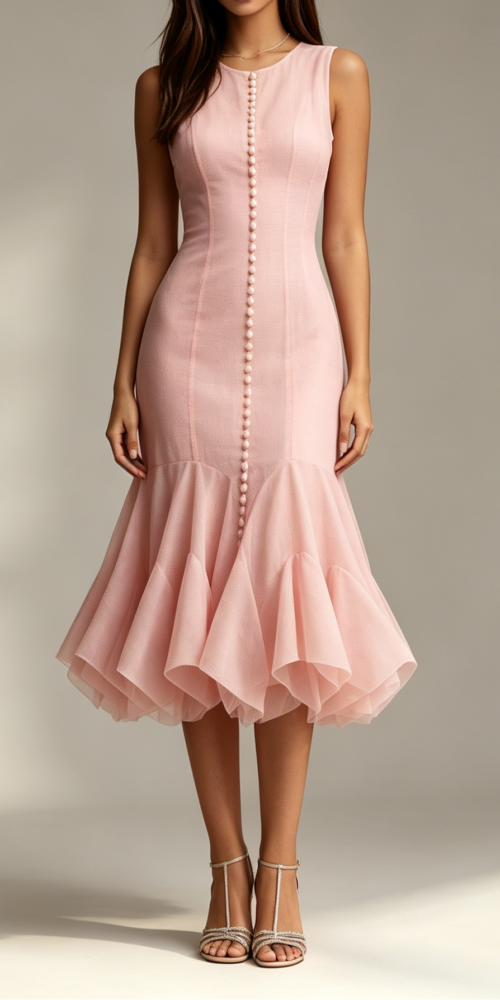 BLUSH PINK SLEEVELESS CREW NECK MIDI DRESS WITH BUTTON FRONT & RUFFLE HEM