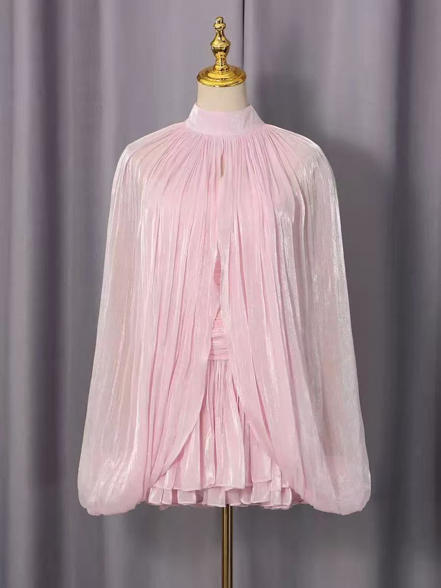 2a6e3215531f12daf0593ef2cb6a7eaf HIGH NECK KEYHOLE CAPE PUFF SLEEVE RUCHED MINI DRESS